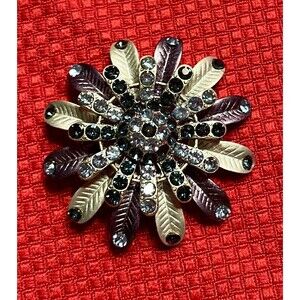 Vintage Sunburst Blue Rhinestone 2" Brooch Layered Multi-Colored Petals